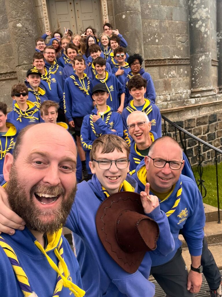 Hydra Explorer Scouts posing on the steps of Mussenden Temple.